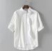 Summer Men's Linen Shirt Stand Up Collar Five Quarter Sleeve Trendy Cotton-Linen Blend Loose Fit Casual Wearable As Outerwear_viptrois.com