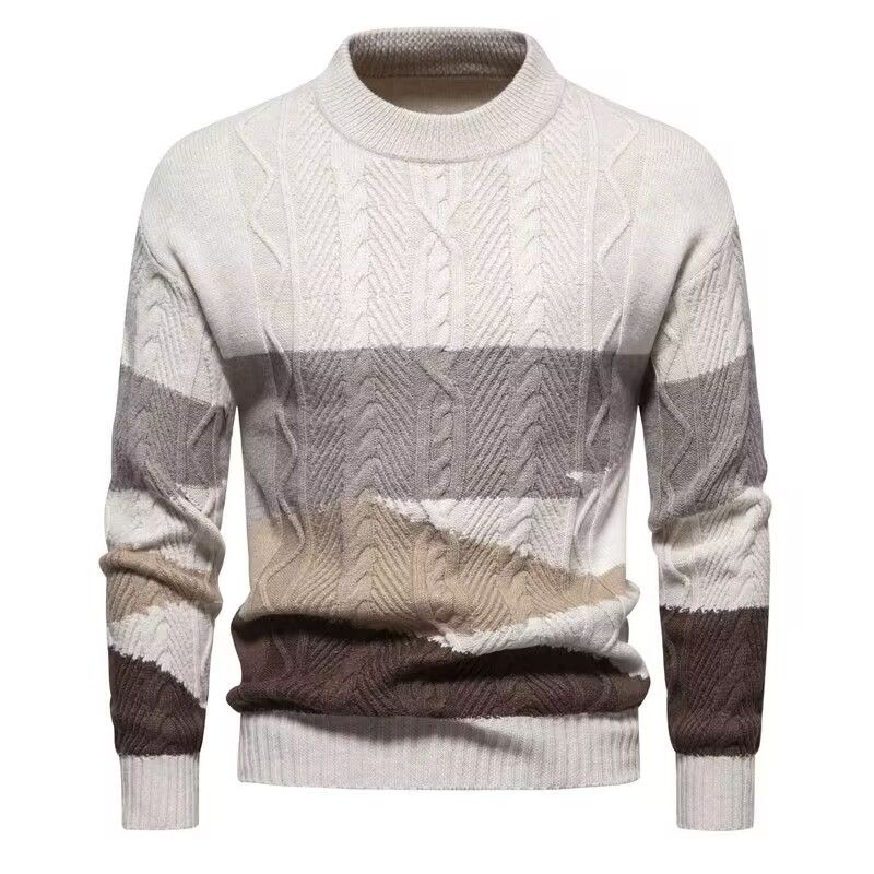 Men's Clothing New Foreign Trade Cross Border Men's Color Matching Round Neck Sweater Retro Twisted Flower Autumn And Winter Warm Knitted Pullover_viptrois.com