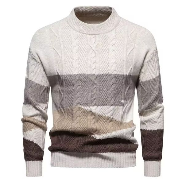 Men's Clothing New Foreign Trade Cross Border Men's Color Matching Round Neck Sweater Retro Twisted Flower Autumn And Winter Warm Knitted Pullover_viptrois.com