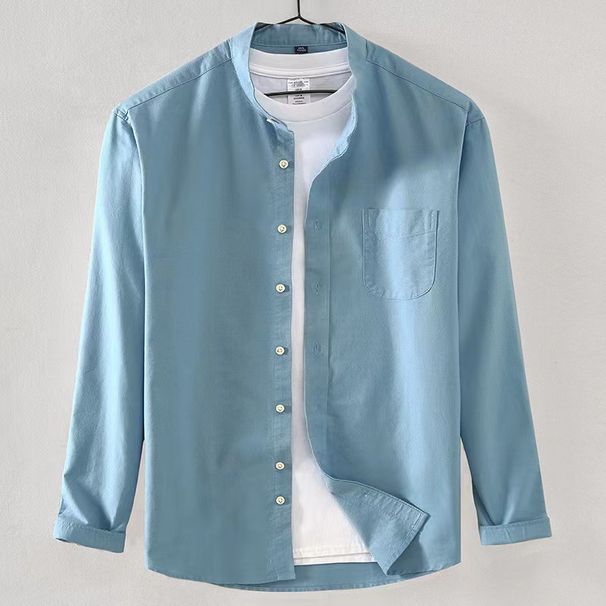 New Pure Cotton Stand Collar Oxford Long Sleeve Shirt Men's Spring And Autumn Casual Solid Color Cotton Non Iron Shirt Men's Clothing_viptrois.com