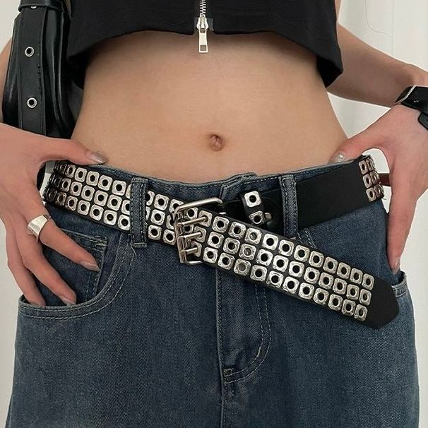 Gothic dark style hollowed out with rivets, punk versatile belt, neutral y2k metal non perforated full hole belt_viptrois.com
