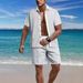 Men's Casual Versatile Lapel Button Down Color Matching Shirt Short Sleeved Shorts Suit_viptrois.com