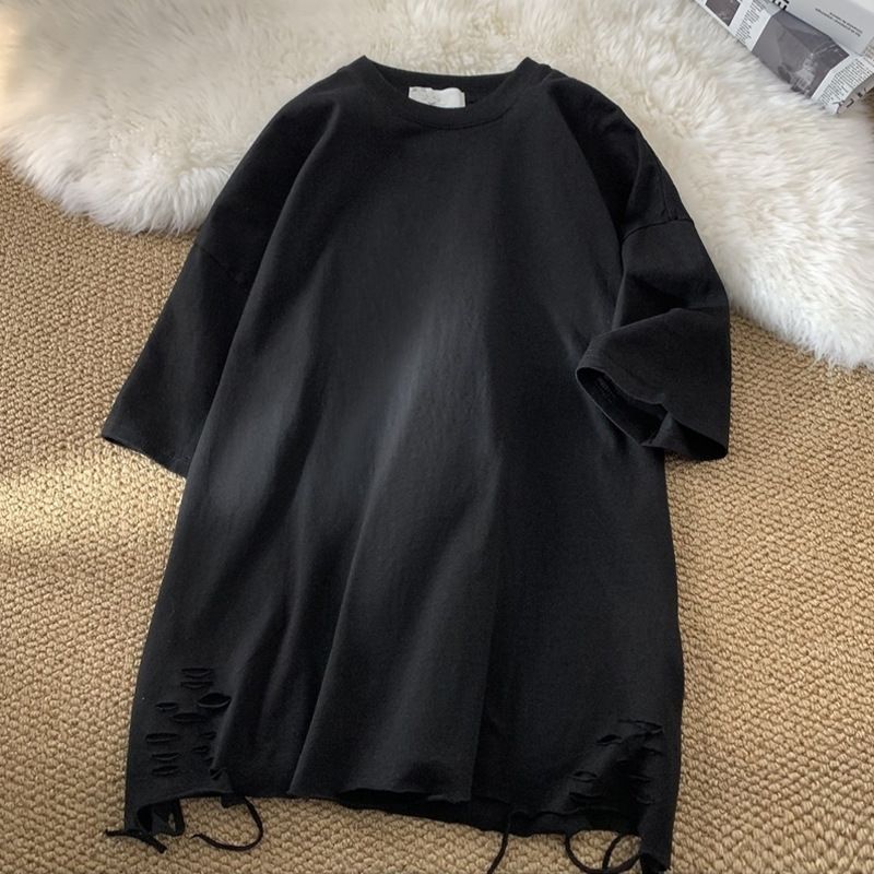 Men's Clothing T Shirt Short Sleeves Men 2024 Summer New Hole Design Pure Color Simple Loose Round Neck Half Sleeves American Style_viptrois.com