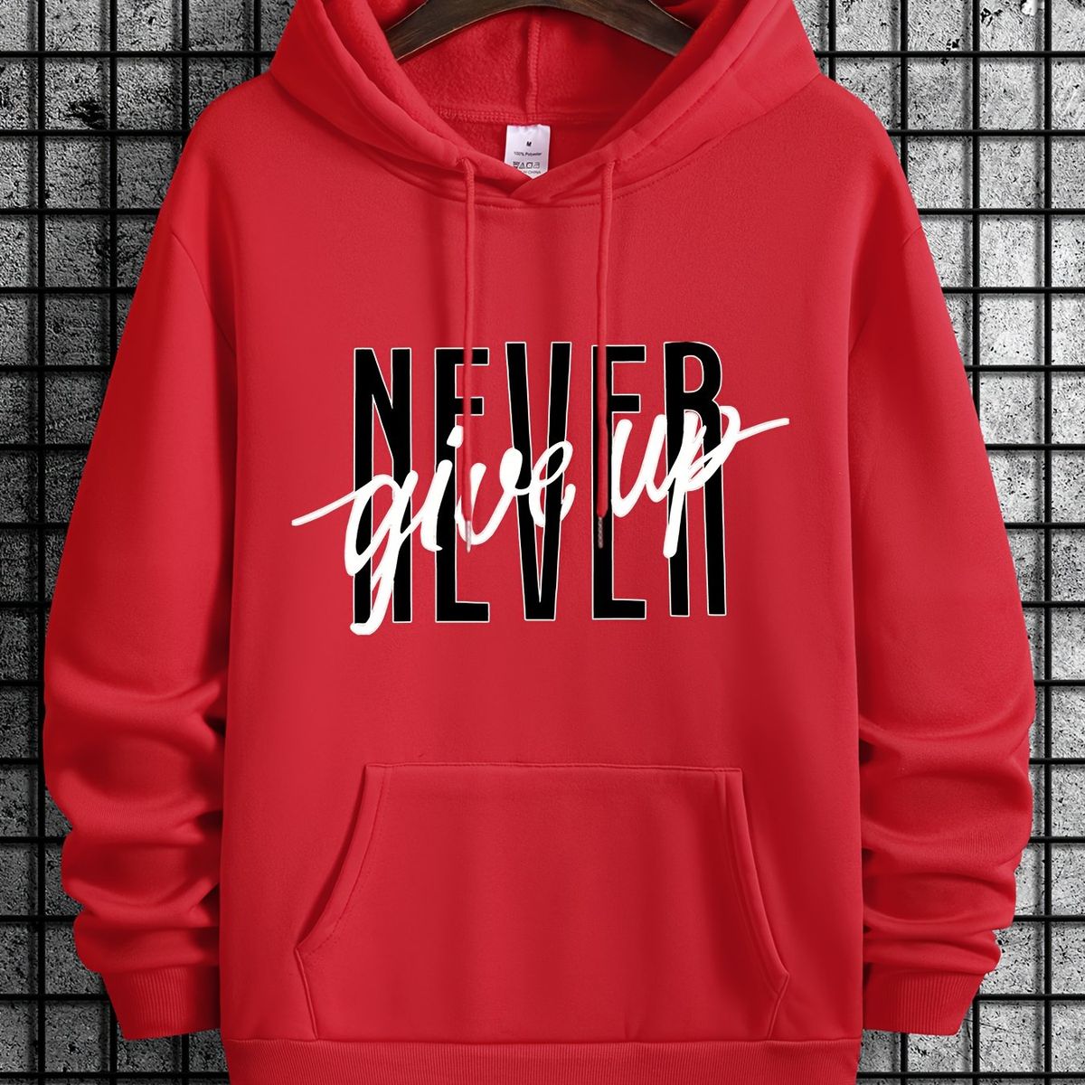 Men's Autumn And Winter Casual And Fashionable Loose Hoodie, Never Give Up Print Warm Long Sleeved Pullover Sweater_viptrois.com