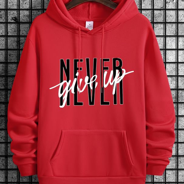 Men's Autumn And Winter Casual And Fashionable Loose Hoodie, Never Give Up Print Warm Long Sleeved Pullover Sweater_viptrois.com