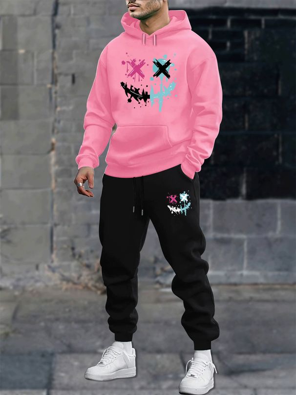 Men's Autumn And Winter Casual Fashion Smiling Face Pattern Printed Loose Suede Thick Hooded Sweatshirt+sports Pants Set_viptrois.com