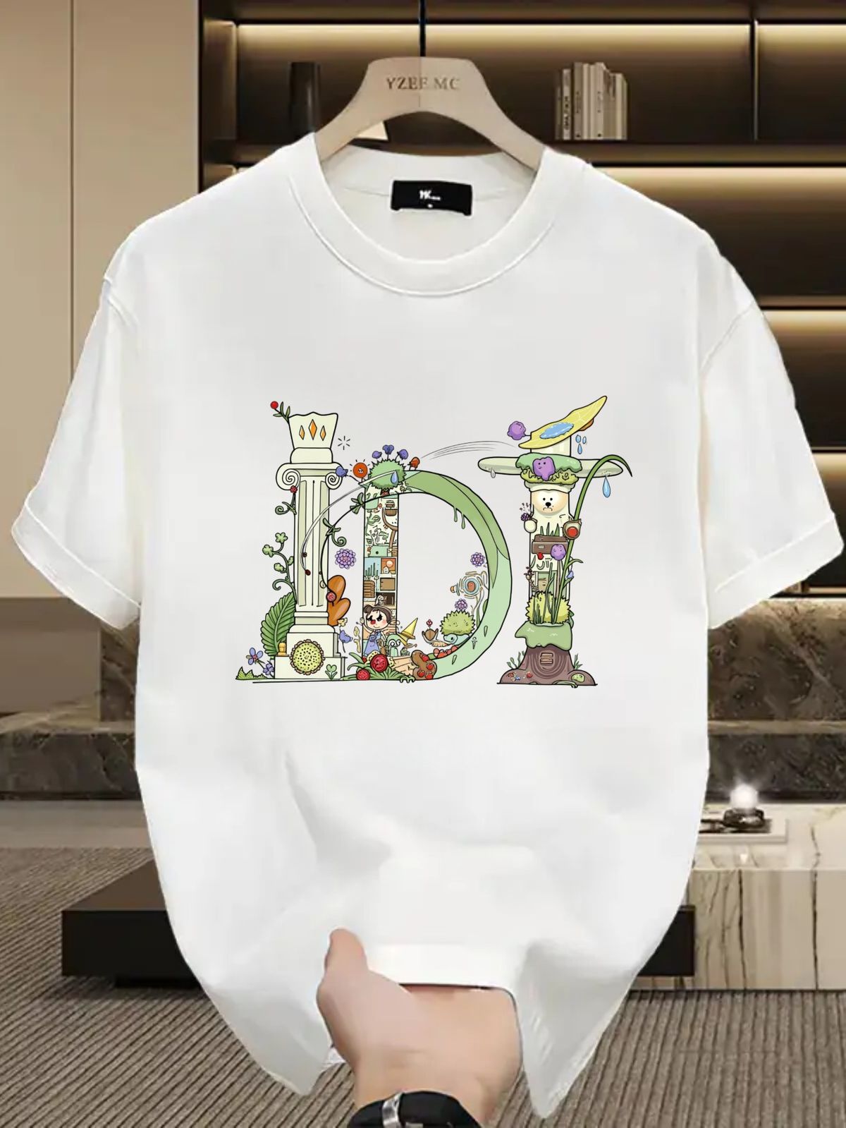 Summer Washed Cotton Tee, Men's Full Color Fairy Tale Plant Animal D Alphabet Graphic Casual Oversized Short Sleeve_viptrois.com