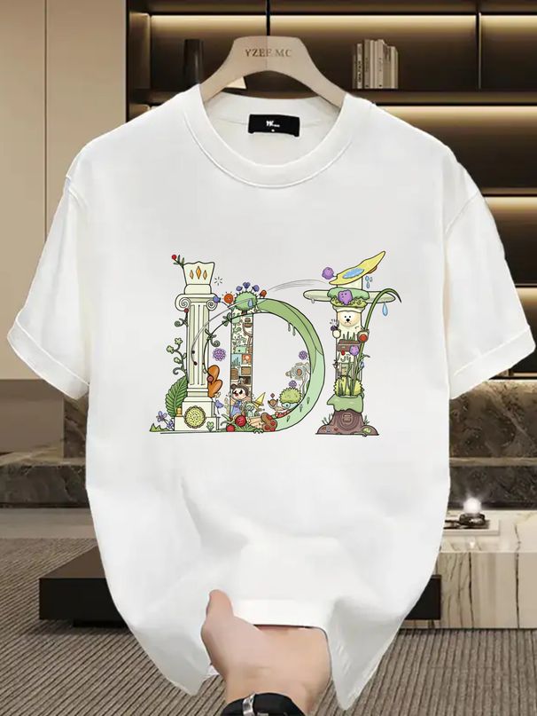 Summer Washed Cotton Tee, Men's Full Color Fairy Tale Plant Animal D Alphabet Graphic Casual Oversized Short Sleeve_viptrois.com