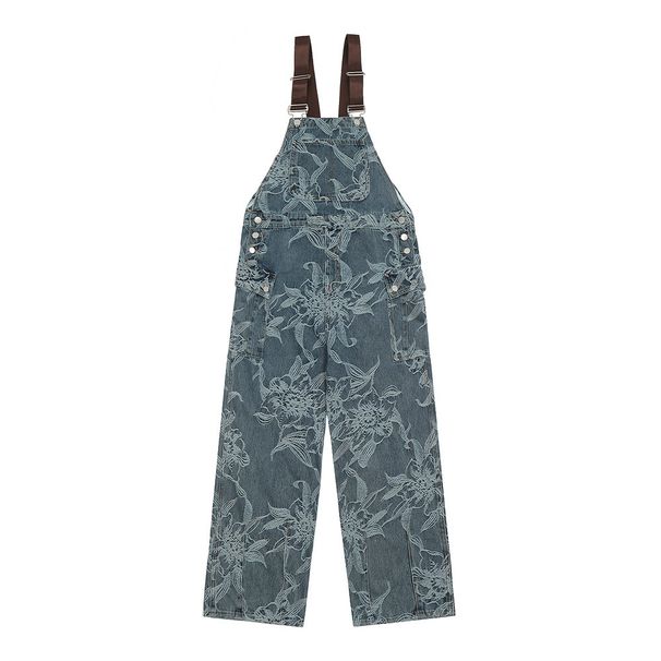 Men's Clothing Floral Jacquard Denim Overalls For Men Trendy Design Loose Casual Suspenders One Piece Straight Trousers_viptrois.com