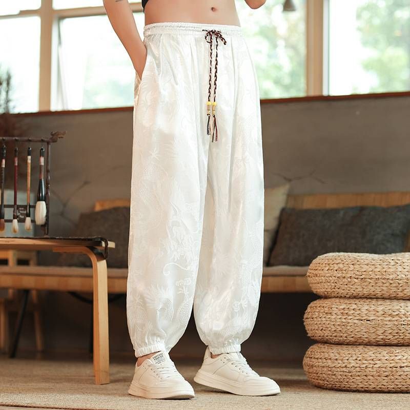 Chinese-style Men's Wear, Dragon Pattern Wide-leg Pants, Thin Casual Lantern Pants, Loose And Plus-size Fat Skinny Pants K33_viptrois.com