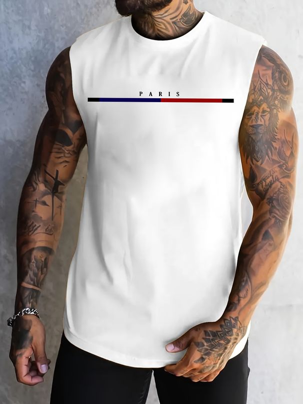 100% Pure Cotton Men's Summer Leisure Sports Fitness Loose Retro Motorcycle Print Breathable Round Neck Sleeveless Vest_viptrois.com