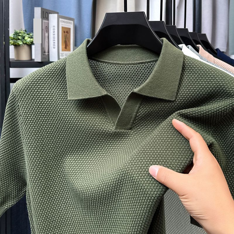 Men's Lightweight Breathable V-Neck Short Sleeve Polo Shirt - Summer Casual Knit Top With Seagull Collar (Multiple Colors & Sizes)_viptrois.com