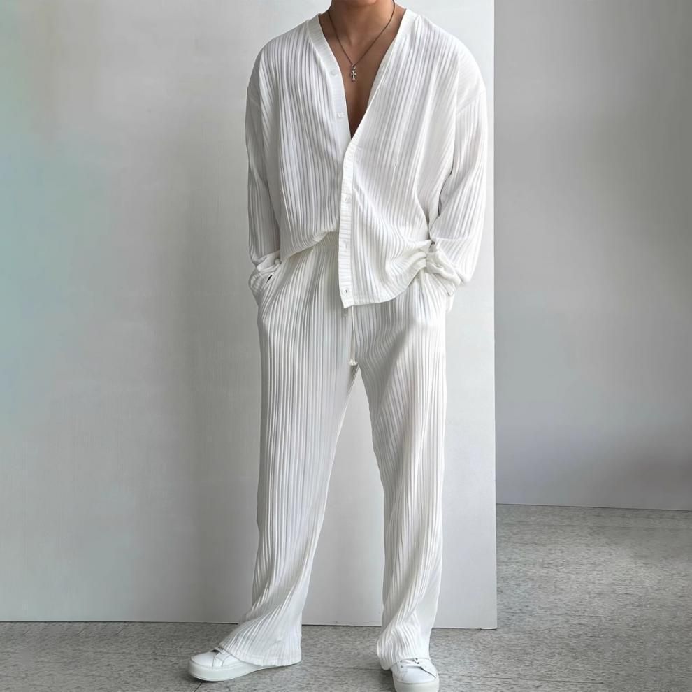 Men's Clothing thin solid color sexy deep v cardigan knitted sweater shirt casual fashion suit two piece suit men_viptrois.com