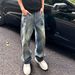 Distressed Tie-Dye Men's Jeans | Vintage Streetwear Straight Leg Baggy Pants For Casual Wear | Cotton Denim High Waist Trousers (Blue, S-3XL)_viptrois.com