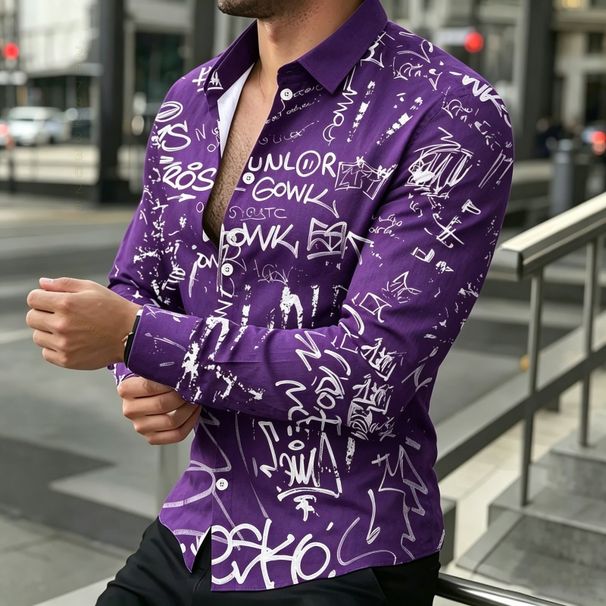 Camisa De Hombre 2026, Nueva, Negra, Con Letras Y Grafitis, Moderna, Personalizada, Estampada, De Manga Larga, Versátil, Tallas XS-6XL_viptrois.com