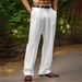 Men's Clothing New Linen Solid Color Outdoor Daily Leisure Breathable Loose Straight Trousers(Belt Not Included)_viptrois.com