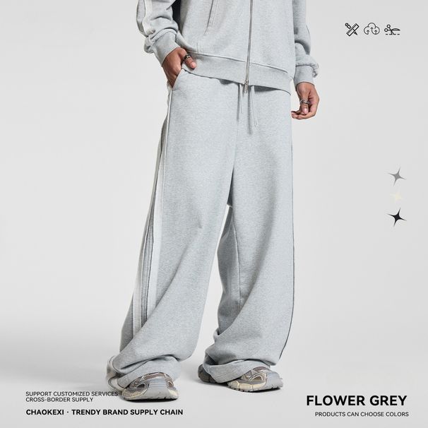 450GSM Heavyweight Hoodie & Jogger Set – Oversized Streetwear With Contrast Tape Trim (S-XXL, Eco Black/Heather Grey/Milky Beige)_viptrois.com