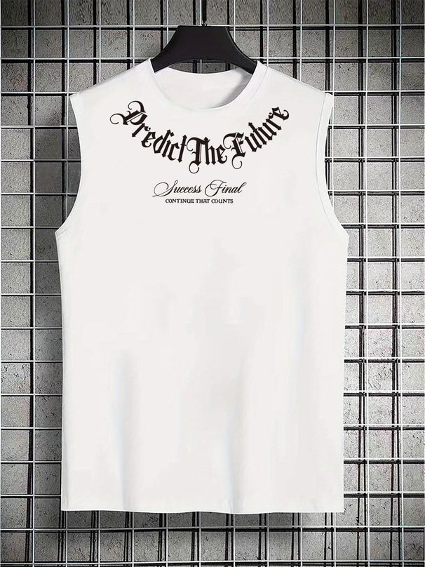 100% Pure Cotton Men's Summer Casual Sports Fitness Loose Letter Pattern Printed Breathable Round Neck Sleeveless Vest_viptrois.com