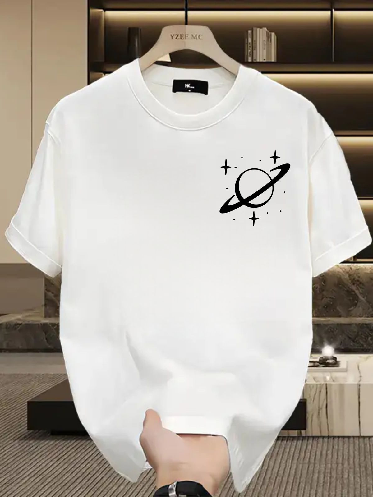 Men's 100% Cotton Short Sleeve T-Shirt With Minimalist Saturn Planet Logo, Casual Loose Fit, Streetwear Style_viptrois.com