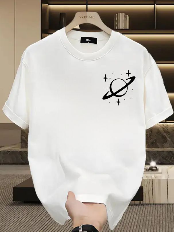 Men's 100% Cotton Short Sleeve T-Shirt With Minimalist Saturn Planet Logo, Casual Loose Fit, Streetwear Style_viptrois.com