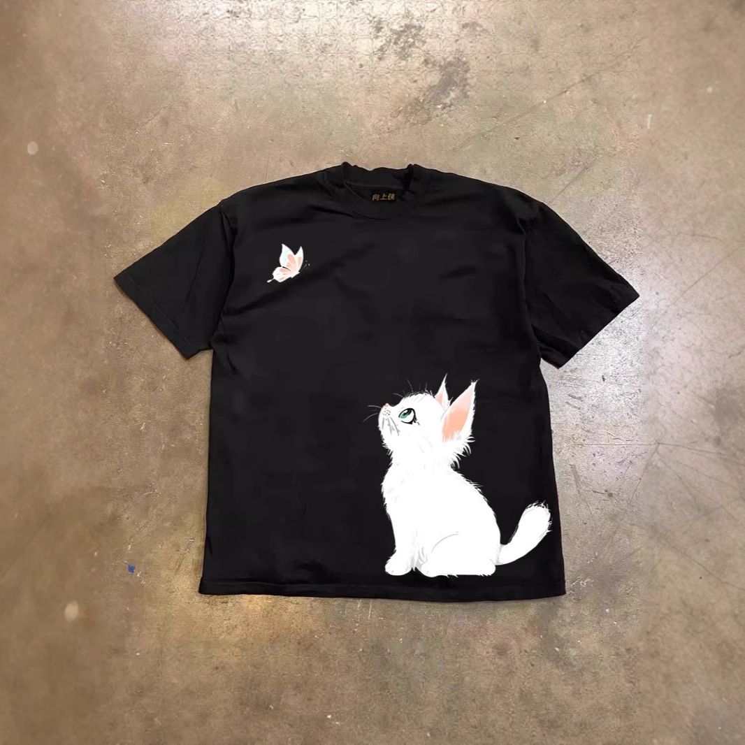 Heavyweight Pure Cotton T-Shirt For Men And Women Short Sleeved Couple Top With Butterfly And Cat Print Oversized Fit 250g_viptrois.com