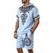 Men's Bamboo Linen Summer Suit Viking Style Printed Hooded Casual Top Shorts Summer Wear_viptrois.com