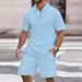 Men's Jacquard Short Sleeve T-Shirt & Shorts Set - Breathable Summer Casual Outfit With Button-Down Collar (White/Black/Grey/Sky Blue/Khaki, S-XXXL)_viptrois.com