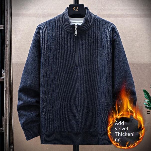 Men's Clothing Men's Fleece-Lined Half-Zip Sweater - Stand Collar Knit Jacket For Winter_viptrois.com