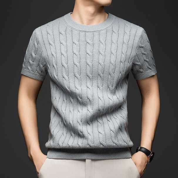 Men's New Style Light Luxury Vintage Floral Knitted Short-sleeved T-shirt Pure Cotton Round Neck Knitted Shirt_viptrois.com