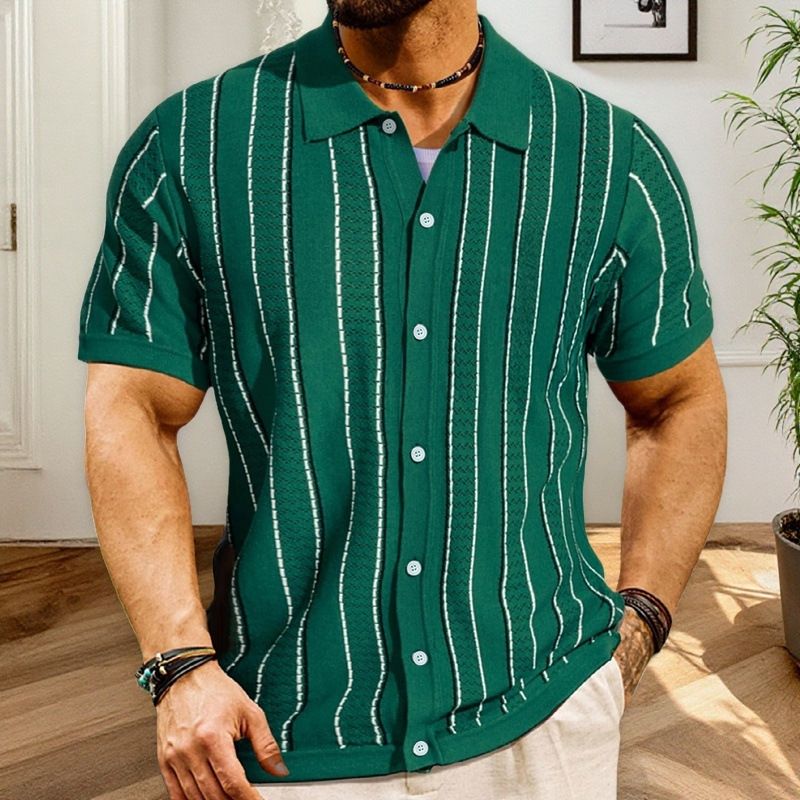 Men's Clothing Summer New Short Sleeved Striped Sweater Fashion Cardigan Knitted Polo Shirt_viptrois.com