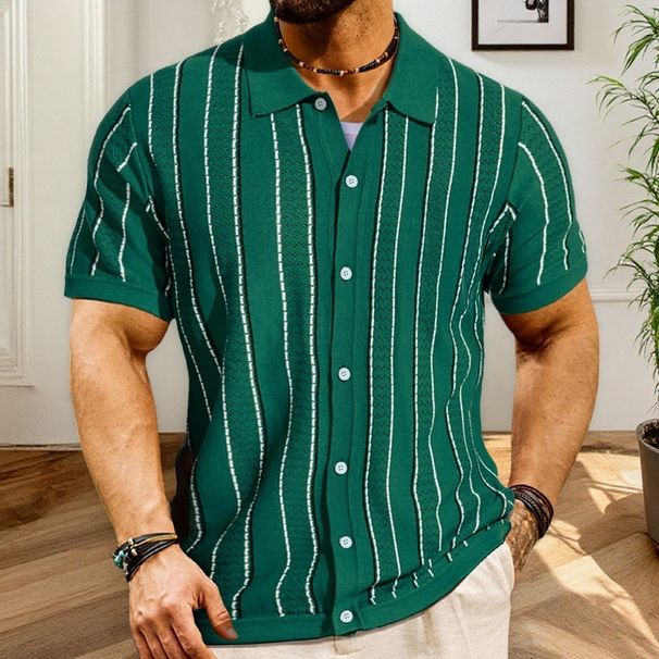 Men's Clothing Summer New Short Sleeved Striped Sweater Fashion Cardigan Knitted Polo Shirt_viptrois.com