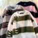Streetwear Chunky Knit Sweater – Unisex Oversized Color-Block Pullover With Textured Stripe Design (M-XXL, Winter Fashion, Soft Fleece-Like Fabric)_viptrois.com