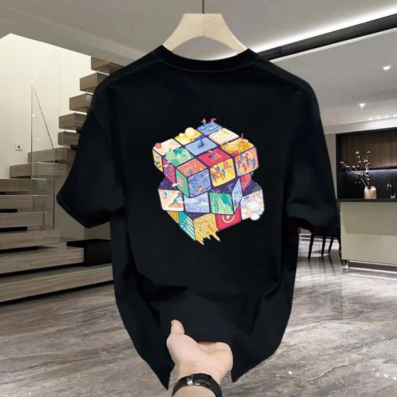 Men's Clothing Cotton Colorful Rubik's Cube Printed Short Sleeved T Shirt Casual Loose Men And Women Couple Trendy Round Neck Versatile Top_viptrois.com