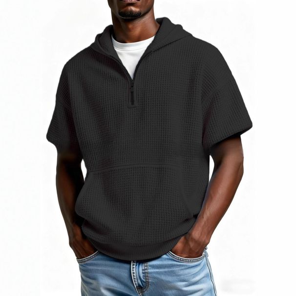 Men's Waffle-Knit Zip-Up Hooded Short Sleeve Sweatshirt With Kangaroo Pocket(Black/White/Gray/Army Green/Orange/Sky Blue/Lavender,S-5XL)_viptrois.com