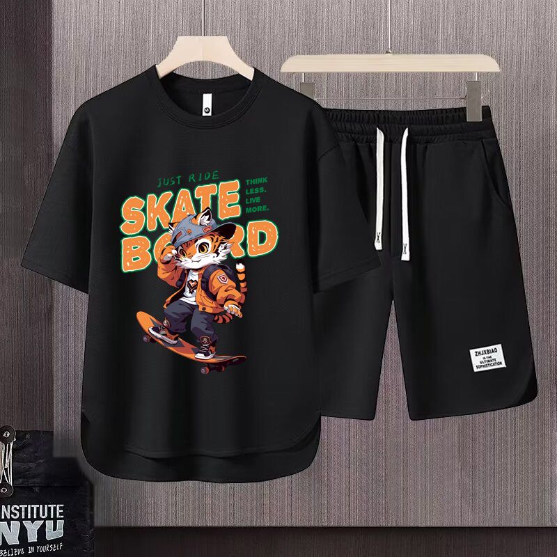 Men's Clothing 2024 Waffle Casual Summer Suit Men's Loose Teen Short sleeved T shirt Shorts Handsome Two piece Suit_viptrois.com