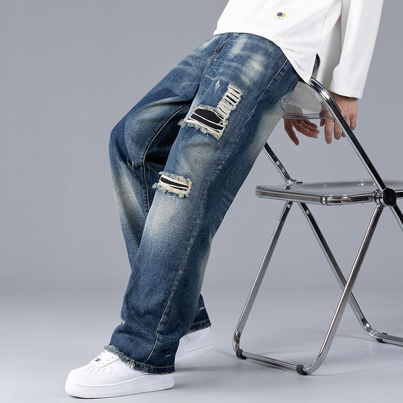 Men's Autumn New Ripped Jeans Patch Loose Straight Wide Leg Trendy Casual Men's Pants_viptrois.com