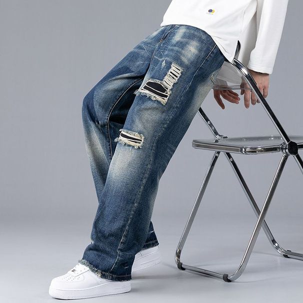 Men's Autumn New Ripped Jeans Patch Loose Straight Wide Leg Trendy Casual Men's Pants_viptrois.com