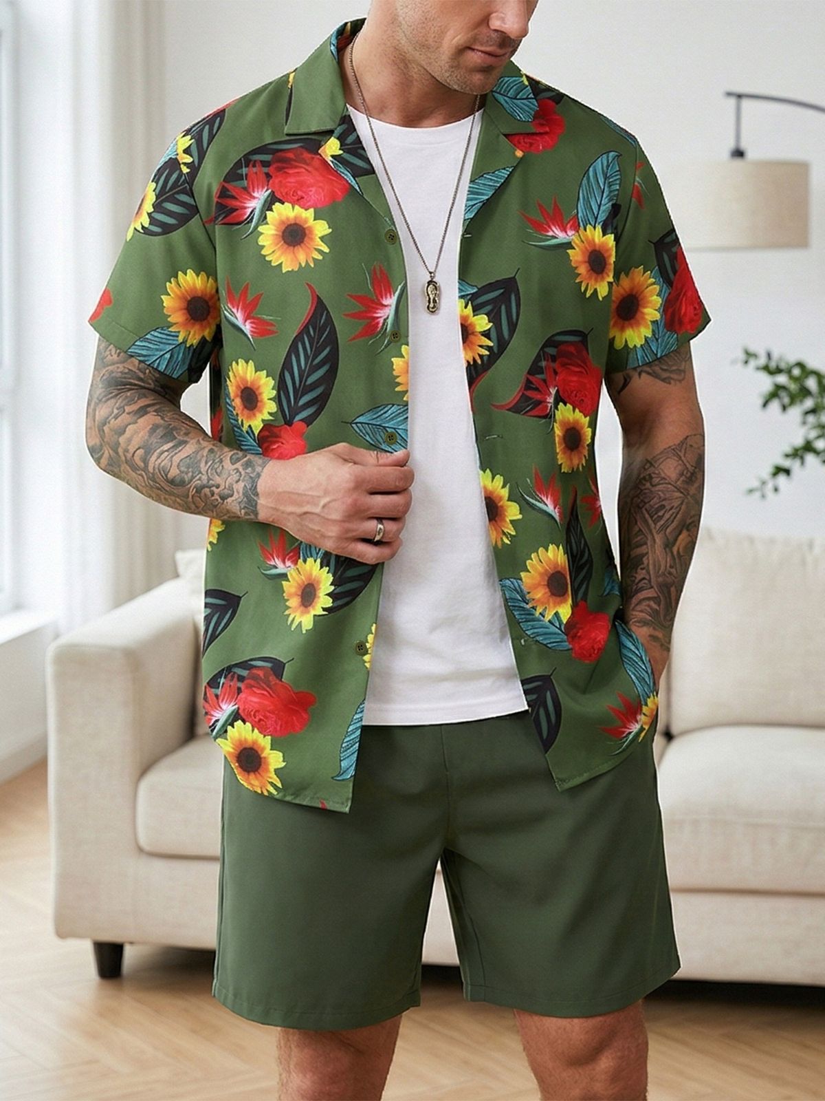 Men's Clothing Men's Hawaiian Style Short Sleeved Shirt And Shorts Set Casual Beach Vacation Floral Print Two-Piece Outfit_viptrois.com
