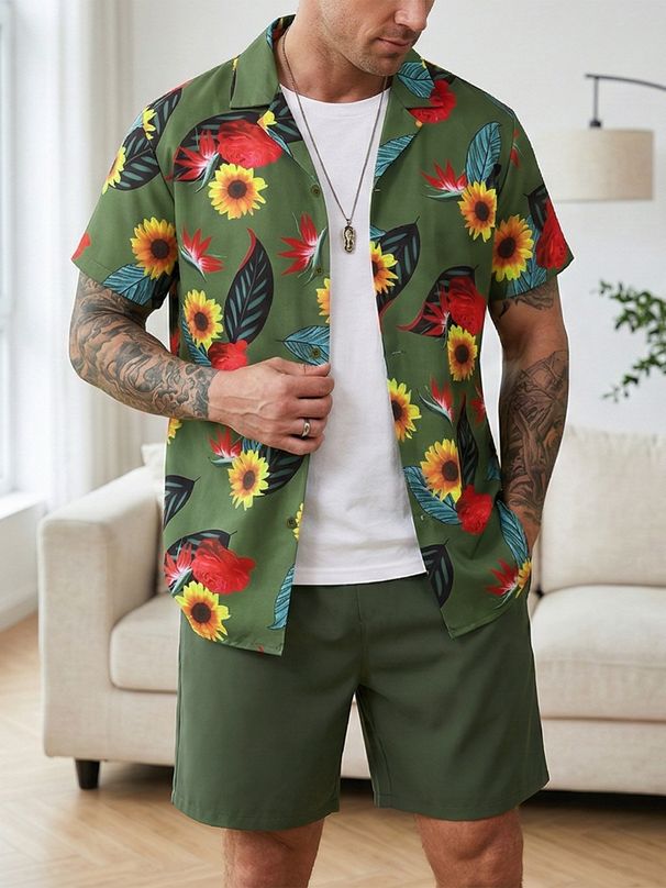 Men's Clothing Men's Hawaiian Style Short Sleeved Shirt And Shorts Set Casual Beach Vacation Floral Print Two-Piece Outfit_viptrois.com