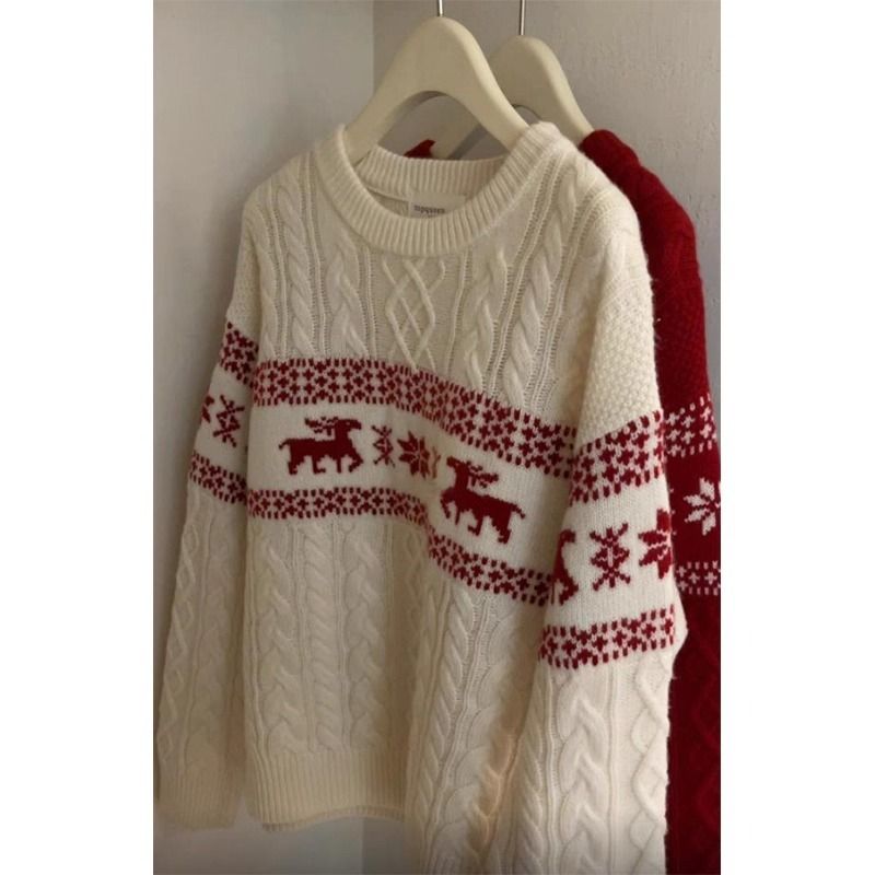 Christmas Jacquard Lazy Style Knitted Sweater Autumn/Winter Warm Sweater_viptrois.com