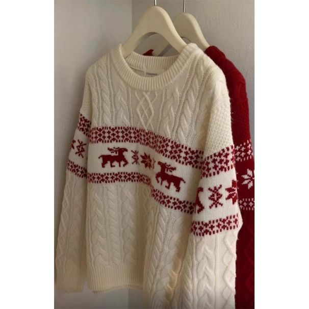 Christmas Jacquard Lazy Style Knitted Sweater Autumn/Winter Warm Sweater_viptrois.com