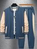 Men's Clothing Casual Baseball Jacket & Pants Set - Relaxed Fit, Lightweight Cotton Blend, Autumn Outfit (Black/Grey/Peacock Blue)_viptrois.com