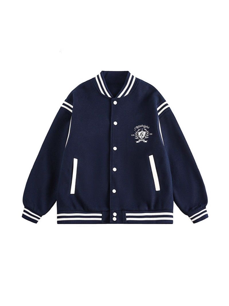 Vintage College Embroidered Badge Baseball Jacket - Unisex Casual Outerwear For Spring & Autumn (Navy, Grey)_viptrois.com
