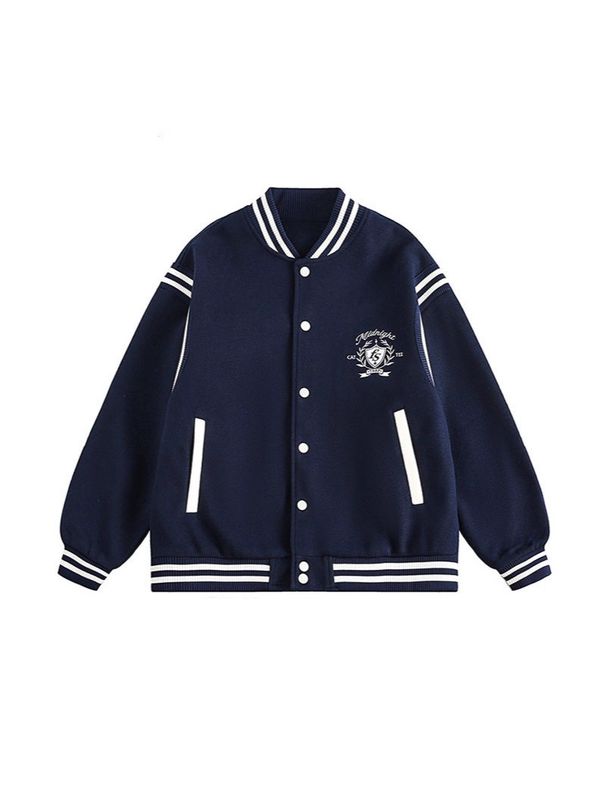 Vintage College Embroidered Badge Baseball Jacket - Unisex Casual Outerwear For Spring & Autumn (Navy, Grey)_viptrois.com