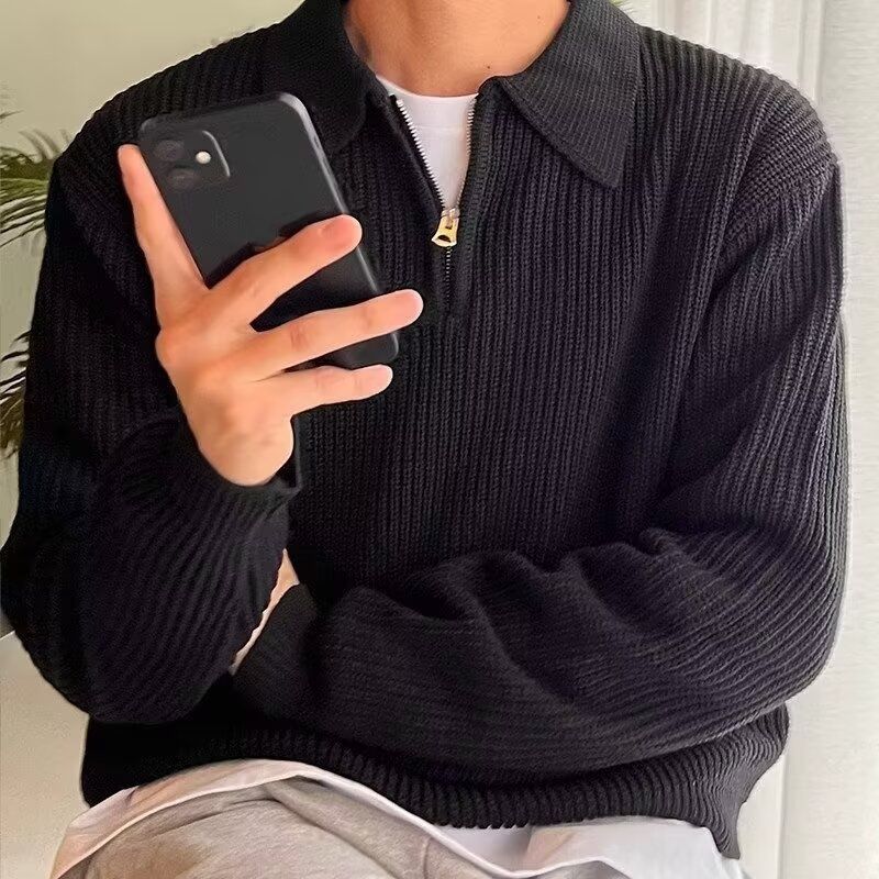 Men’s Korean-Style Knit Polo Shirt – Half-Zip Collared Sweater With Relaxed Fit (Gray/Black/Khaki, M-3XL)_viptrois.com