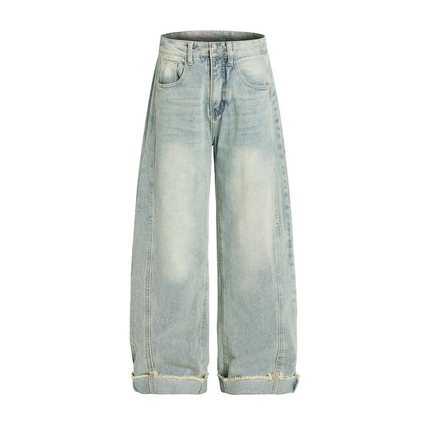 Punk Faded Washed Curled Hem Oversized Jeans For Men Trendy Distressed Frayed Cuffed Loose Wide-Leg Pants_viptrois.com