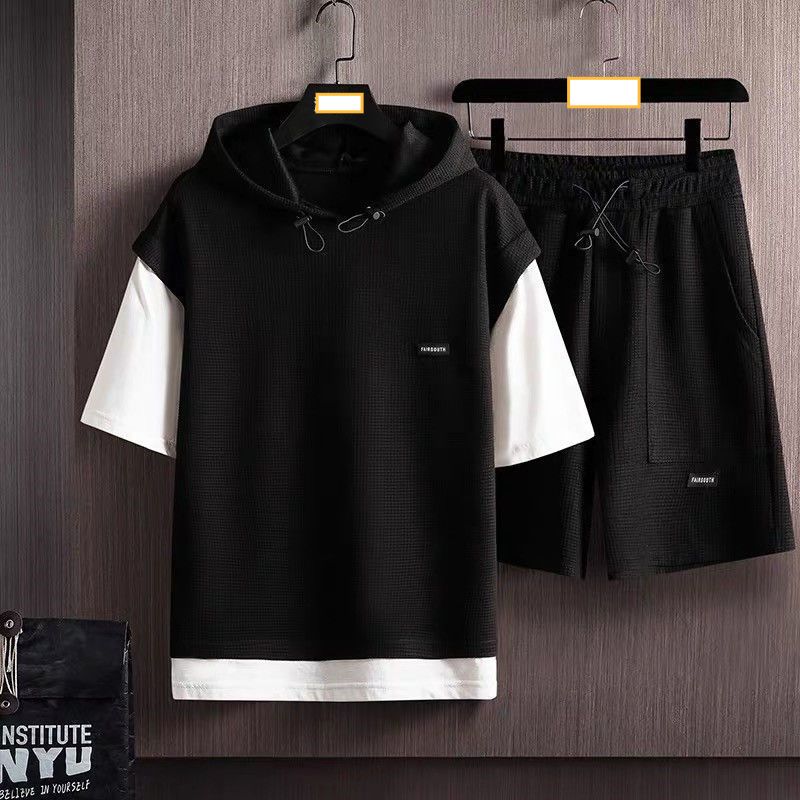 Men's clothing Waffle short-sleeved suit men's two-piece suit brand casual sports two-piece tops men's clothing matching set_viptrois.com