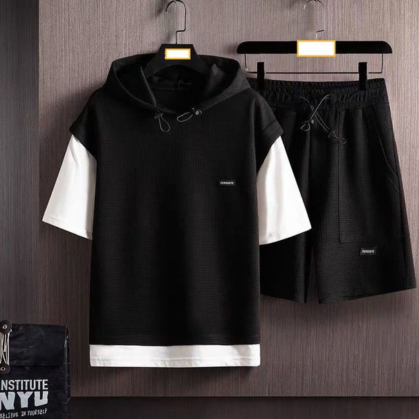 Men's clothing Waffle short-sleeved suit men's two-piece suit brand casual sports two-piece tops men's clothing matching set_viptrois.com