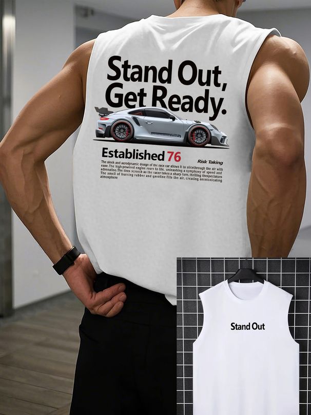 100% Pure Cotton Men's Summer Casual Sports Fitness Loose Fashion Racing Pattern Printed Breathable Round Neck Sleeveless Vest_viptrois.com