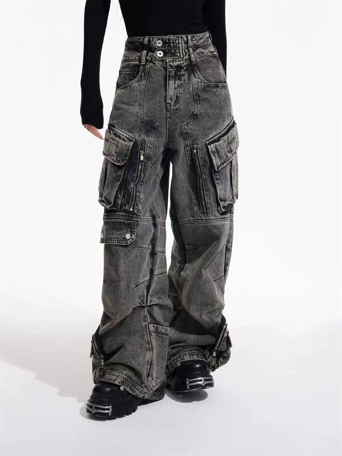 Men's Clothing Retro Distressed Washed Pocket Casual Overalls Design Straight Wide Leg Stacked Jeans_viptrois.com